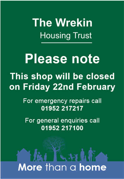 Stafford shop closed 22nd Feb